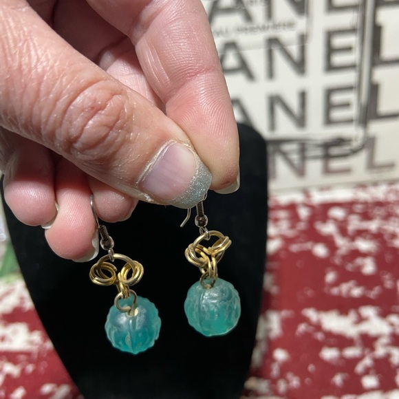 Two-Tone Transparent Blue Green Glass Pierced Drop Earrings - Picture 2 of 3